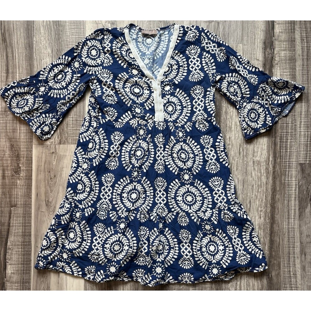 Saiph Santorini M Dress Blue Bell Sleeves Lined Cotton Tiered Midi Italy Luxury
